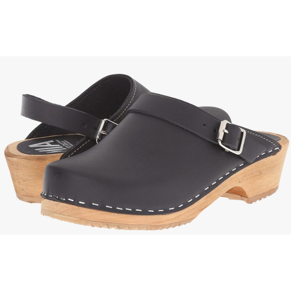 MIA 37 black leather Alma clog wood slip on harness buckle Swedish low heel
